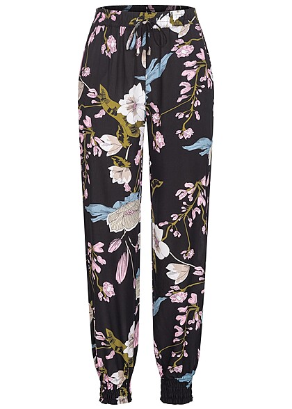 Cloud5ive Dames Viscose Broek met 2-Zakken en bloemenprint zwart