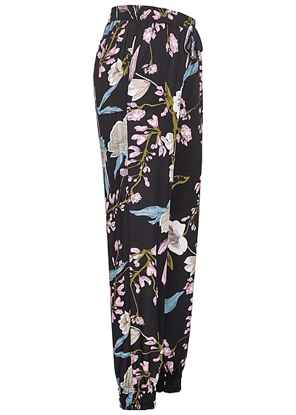 Cloud5ive Dames Viscose Broek met 2-Zakken en bloemenprint zwart
