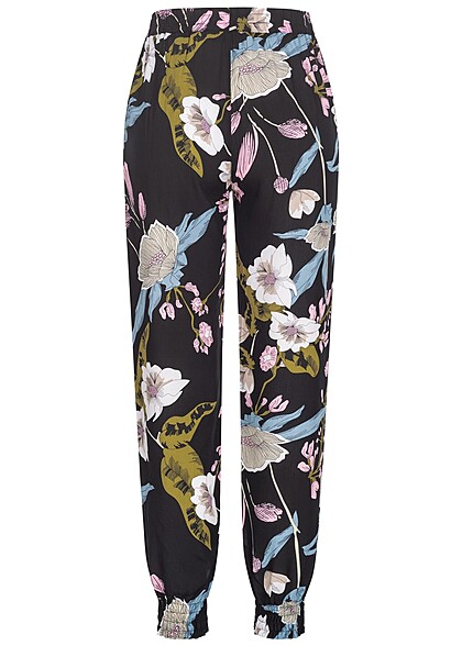 Cloud5ive Dames Viscose Broek met 2-Zakken en bloemenprint zwart