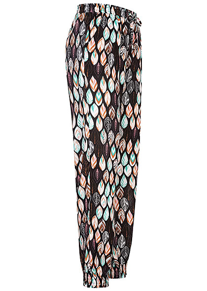 Cloud5ive Dames Viscose Broek met 2-Zakken en bladeren print zwart