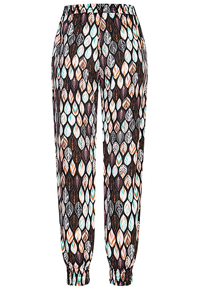 Cloud5ive Dames Viscose Broek met 2-Zakken en bladeren print zwart
