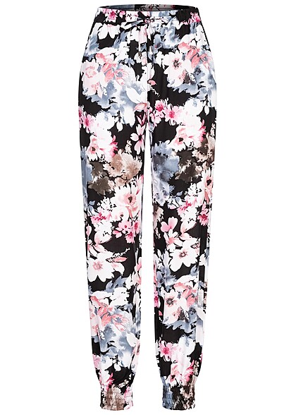 Cloud5ive Dames Viscose Broek met 2-Zakken en bloemenprint zwart roze