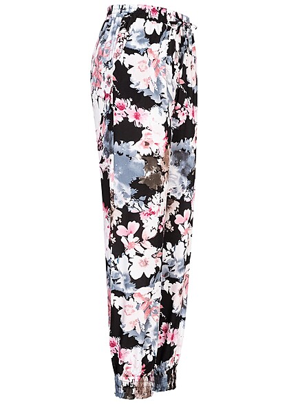 Cloud5ive Dames Viscose Broek met 2-Zakken en bloemenprint zwart roze