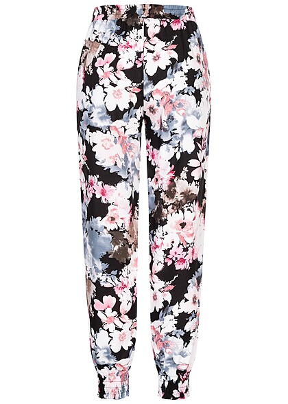 Cloud5ive Dames Viscose Broek met 2-Zakken en bloemenprint zwart roze