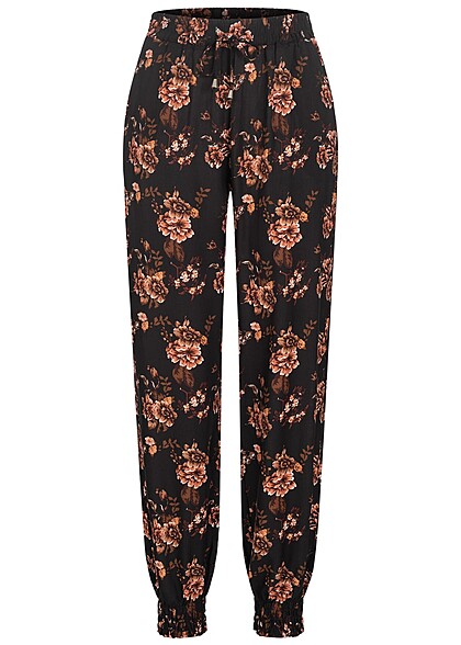 Cloud5ive Dames Viscose Broek met 2-Zakken en bloemenprint zwart bruin