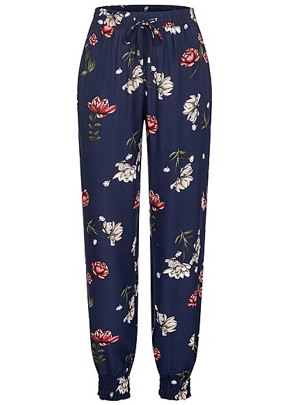Cloud5ive Dames Viscose Broek met 2-Zakken en bloemenprint marineblauw