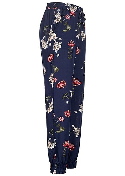Cloud5ive Dames Viscose Broek met 2-Zakken en bloemenprint marineblauw