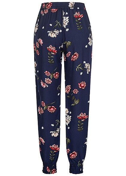 Cloud5ive Dames Viscose Broek met 2-Zakken en bloemenprint marineblauw