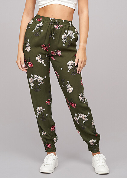 Cloud5ive Dames Viscose Broek met 2-Zakken en bloemenprint olijfgroen