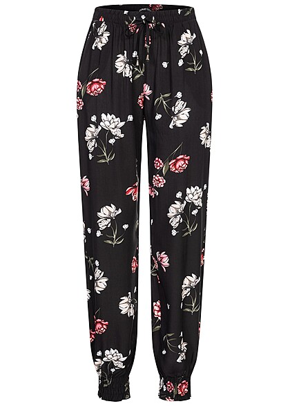 Cloud5ive Dames Viscose Broek met 2-Zakken en bloemenprint zwart