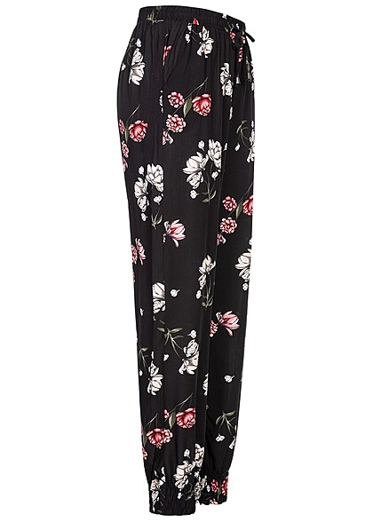 Cloud5ive Dames Viscose Broek met 2-Zakken en bloemenprint zwart