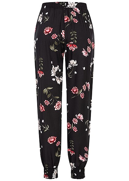 Cloud5ive Dames Viscose Broek met 2-Zakken en bloemenprint zwart