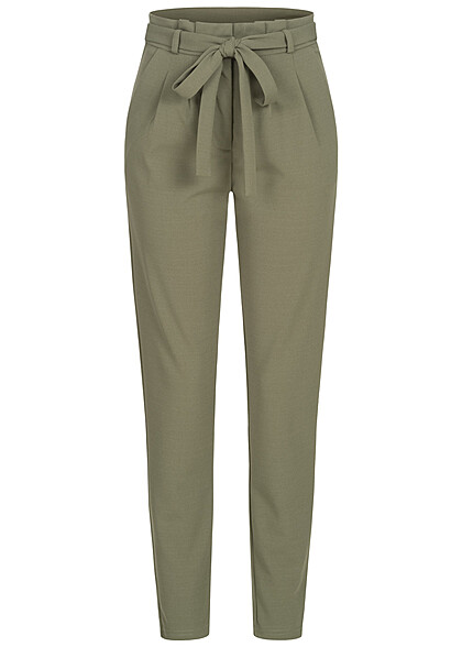 Cloud5ive Damen High-Waist Hose mit Bindegürtel 2-Pockets oliv grün