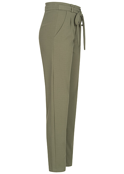 Cloud5ive Damen High-Waist Hose mit Bindegürtel 2-Pockets oliv grün