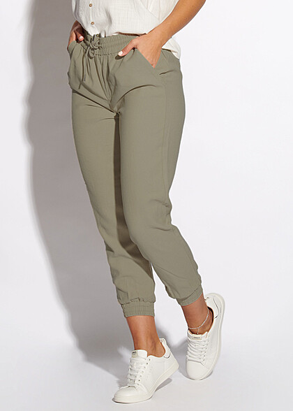 Cloud5ive Damen7/8 Viskose Hose in Leinenoptik 2-Pockets Tunnelzug oliv grün