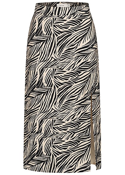 VILA Dames Hoog uitgesneden rok met rits en tropische print beige