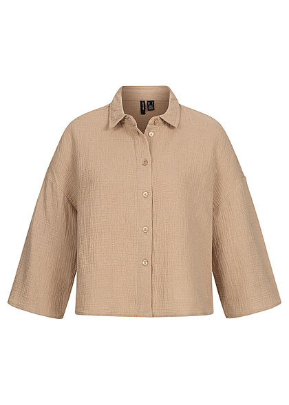 Vero Moda Dames Shirt met 3/4 mouwen en knopen structuurstof beige - Art.-Nr.: 22050047