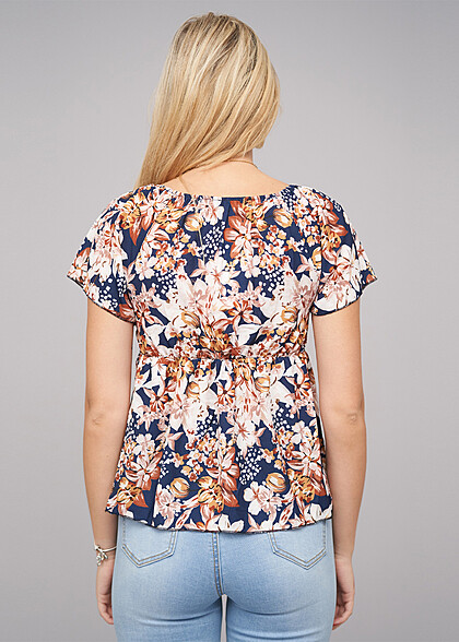 Cloud5ive Dames Peplum Top met bloemenprint marineblauw beige