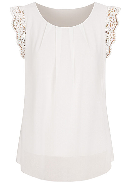 Cloud5ive Dames Chiffon Top met kant aan de mouwen wit