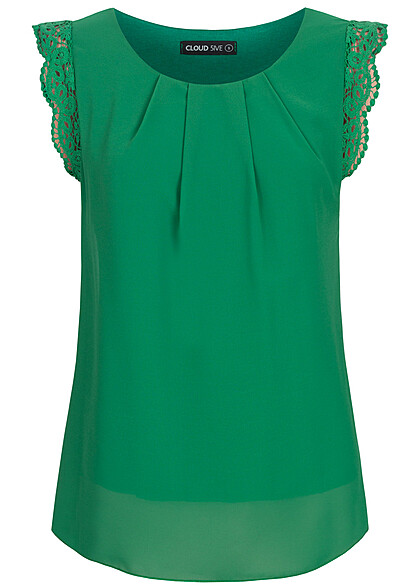 Cloud5ive Dames Chiffon Top met kant aan de mouwen donkergroen