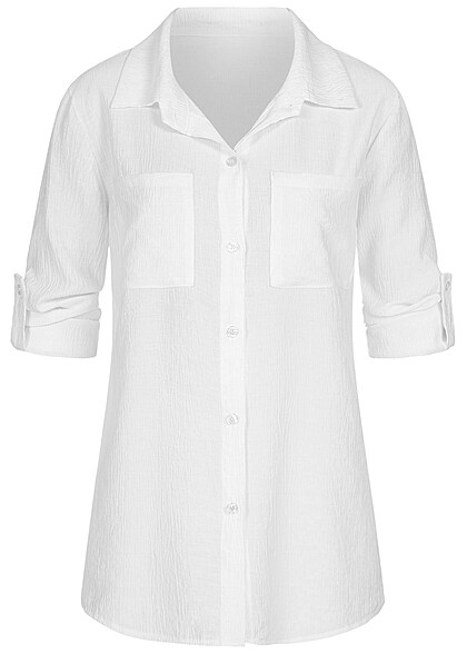 Cloud5ive Dames Blouse met omgeslagen mouwen en 2 borstzakken wit