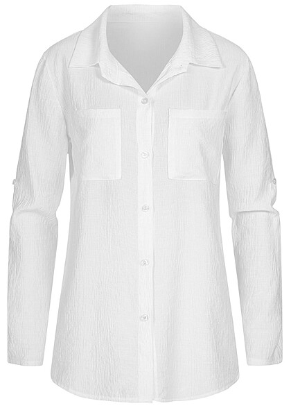 Cloud5ive Dames Blouse met omgeslagen mouwen en 2 borstzakken wit