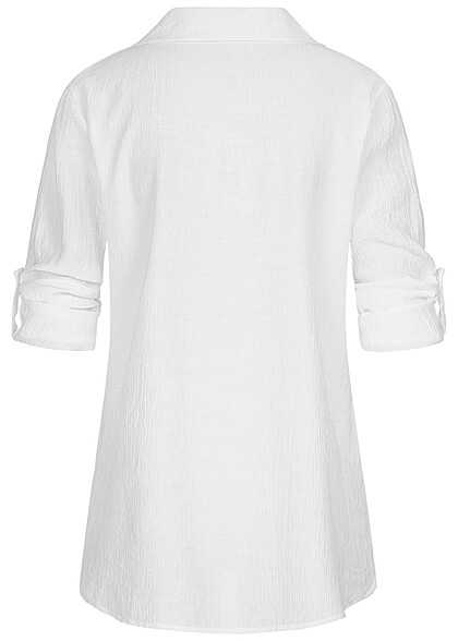 Cloud5ive Dames Blouse met omgeslagen mouwen en 2 borstzakken wit