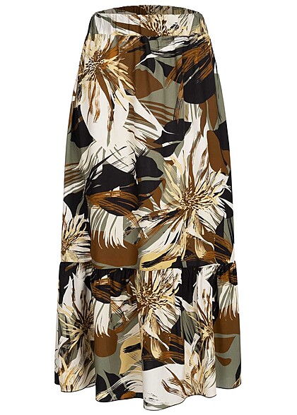 Cloud5ive Dames Viscose Rok met elastiek in tailleband en tropische print zwart bruin