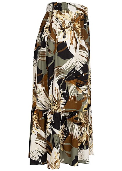 Cloud5ive Dames Viscose Rok met elastiek in tailleband en tropische print zwart bruin