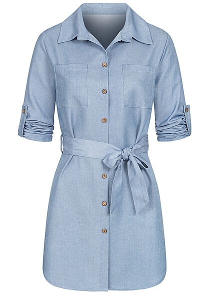Cloud5ive Dames Denim Jurk met omgeslagen mouwen en borstzakken blauw