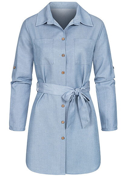 Cloud5ive Dames Denim Jurk met omgeslagen mouwen en borstzakken blauw