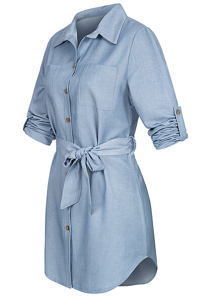 Cloud5ive Dames Denim Jurk met omgeslagen mouwen en borstzakken blauw