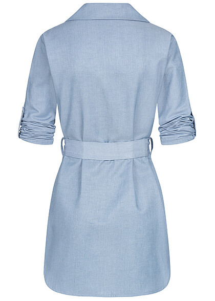 Cloud5ive Dames Denim Jurk met omgeslagen mouwen en borstzakken blauw