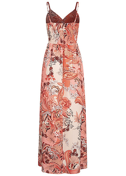 Cloud5ive Dames Lange Jurk met V-hals en paiyleyprint beige-oranje