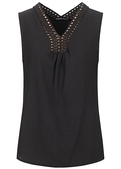 Cloud5ive Dames Chiffon Top met V-hals en kanten details zwart