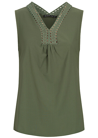 Cloud5ive Dames Chiffon Top met V-hals en kanten details olijfgroen