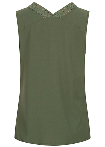 Cloud5ive Dames Chiffon Top met V-hals en kanten details olijfgroen