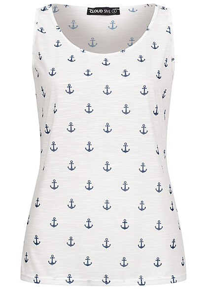 Cloud5ive Dames Top met ankeropdruk wit marineblauw