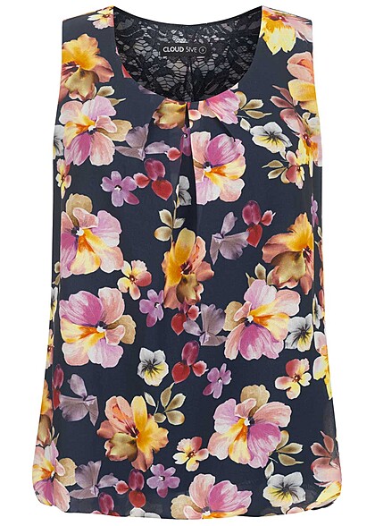 Cloud5ive Dames Chiffon Top met kant en bloemenprint blauw multicolor