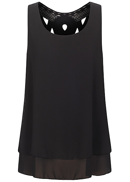 Styleboom Fashion Dames Chiffon Top met gehaakt inzetstuk op de rugzijde zwart