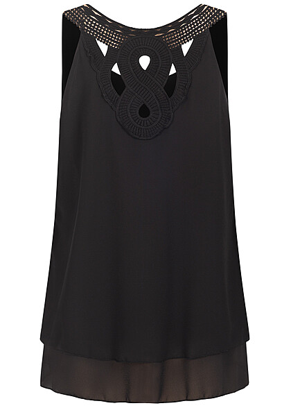 Styleboom Fashion Dames Chiffon Top met gehaakt inzetstuk op de rugzijde zwart