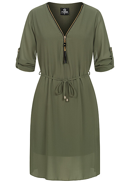 Styleboom Fashion Dames Jurk met omgeslagen mouwen rits en bindceintuur olijfgroen