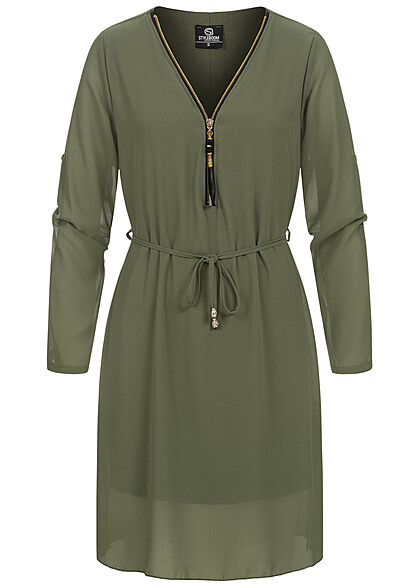 Styleboom Fashion Dames Jurk met omgeslagen mouwen rits en bindceintuur olijfgroen