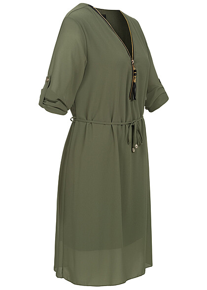 Styleboom Fashion Dames Jurk met omgeslagen mouwen rits en bindceintuur olijfgroen
