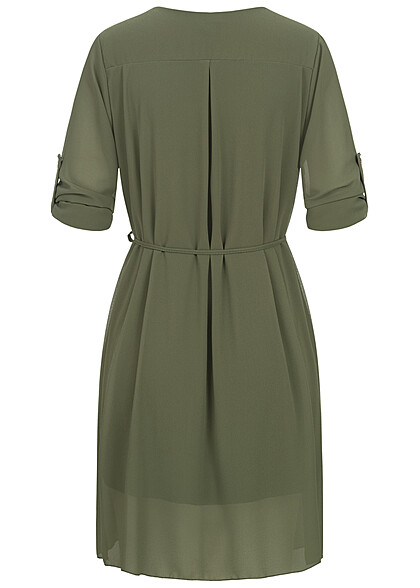 Styleboom Fashion Dames Jurk met omgeslagen mouwen rits en bindceintuur olijfgroen