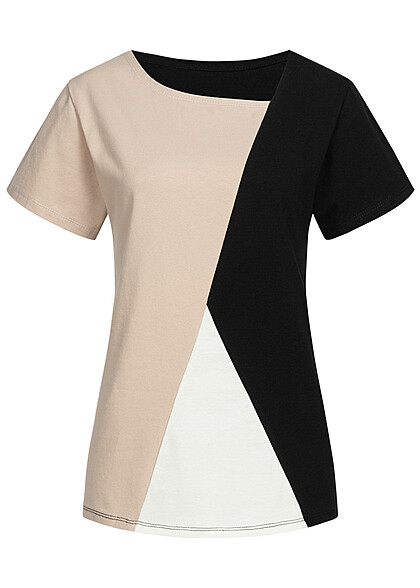 Styleboom Fashion Dames Colorblock T-shirt beige zwart wit