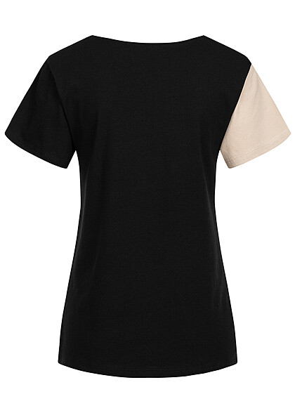 Styleboom Fashion Dames Colorblock T-shirt beige zwart wit