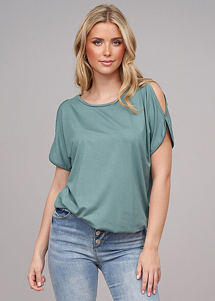 Styleboom Fashion Dames Viscose T-Shirt met uitsnijdingen aan de zijkanten van de mouwen groen