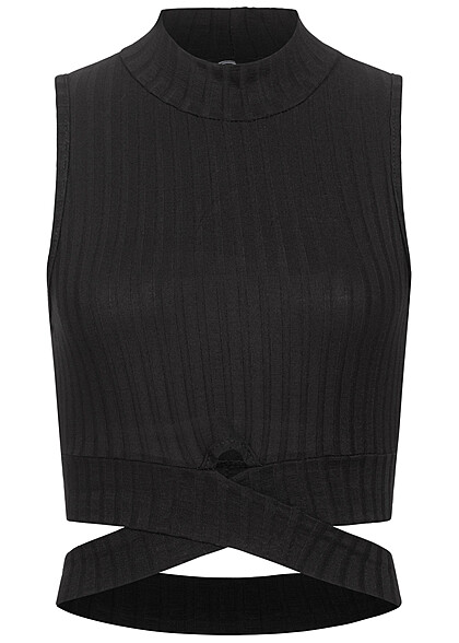 Styleboom Fashion Damen Struktur Viskose Top mit Bindedetail schwarz - Art.-Nr.: 22056659