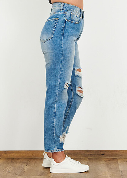 Cloud5ive Dames High-Waist Jeans Broek met 5 zakken destroyed look medium blauw